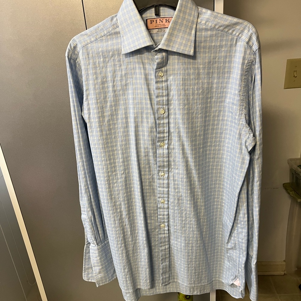 PINK Thomas Pink Men’s Blue Check Plaid French Cuff Dress Shirt 15 1/2 34